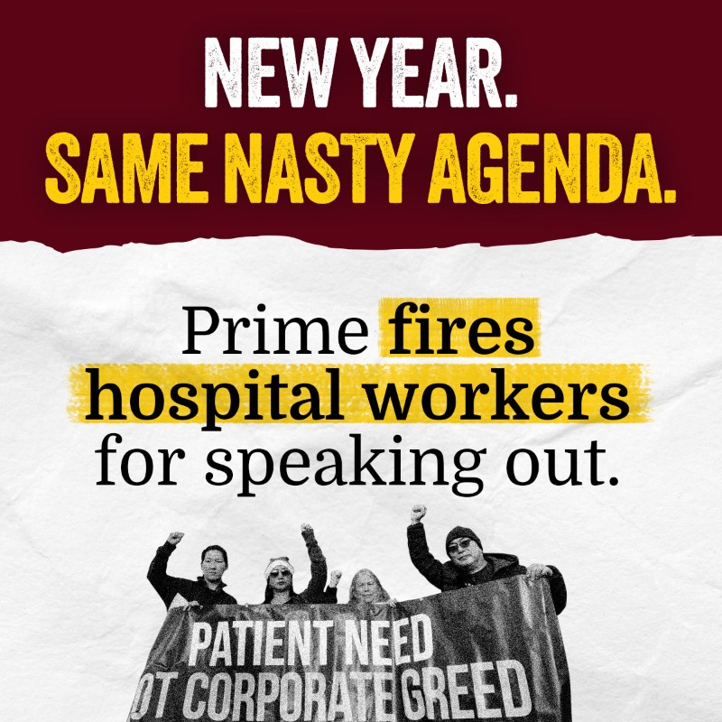 seiu_uhw's tweet photo. It's a new year, but @_PrimeHealth is using the same anti-union playbook.

With hundreds of millions in profits, they should be addressing the staffing crisis. Instead, executives fired 9 caregivers at @SFMC_Medical days before Christmas. #United4All #Prime9
