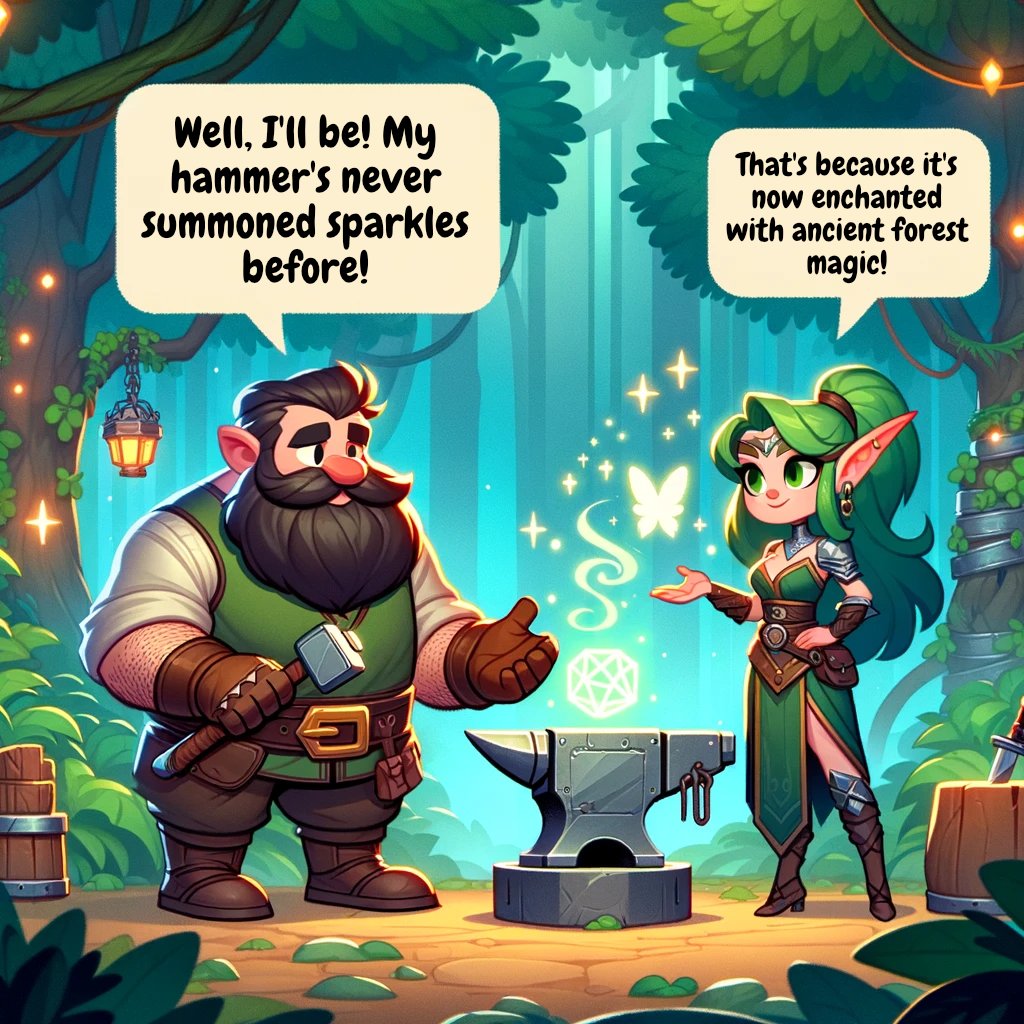 MrFiulo's tweet image. When craftsmanship meets enchantment! Our burly blacksmith is stunned as his hammer is bestowed with ancient forest magic, thanks to our elven mage's touch! ✨🔨🌲

See more: comics.fiulo.com/tags/single/

#comic #dnd #magic #fantasy #ai