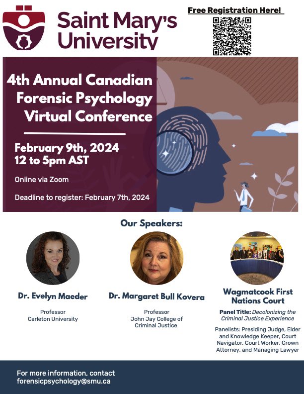 Our 4th Annual Canadian Forensic Psychology Virtual Conference is only a few weeks away! Register now to join us on February 9th over Zoom. We are looking forward to learning from our many incredible presenters and speakers this year!