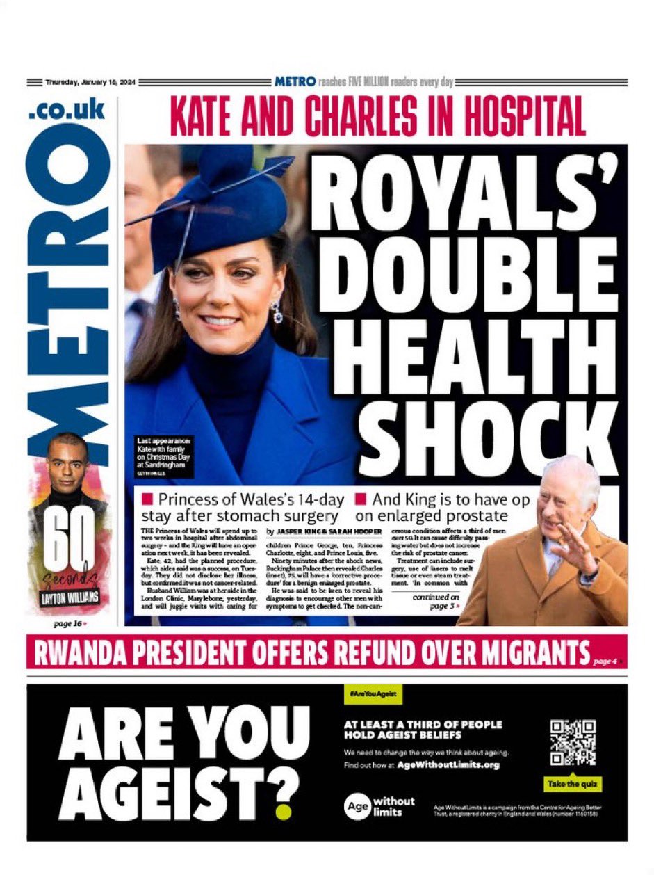 Gert's Royals on X: "Princess Kate's Surgery on Tuesday and King Charles's  upcoming surgery make the UK front Pages. https://t.co/6wKgDNj7dn" / X