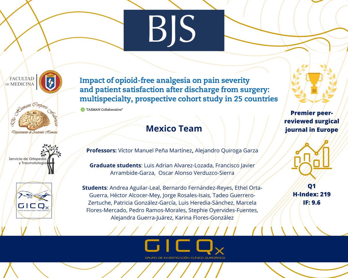 Congratulations to the members of GICQx for their outstanding participation with the Traumatology and Orthopedics Service at the Hospital Universitario in the #OPERAS study; an international collaboration analyzing post-surgical opioid consumption. <a href="/TASMANCollab/">TASMAN Collaborative</a>