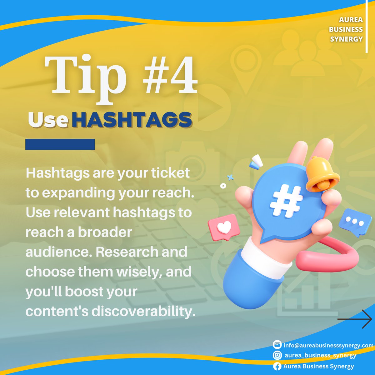 𝐓𝐢𝐩 #𝟒 - 𝐔𝐬𝐞 𝐇𝐚𝐬𝐡𝐭𝐚𝐠𝐬 📷

By incorporating relevant and well-researched hashtags, your content becomes discoverable to a broader audience.

#ExpandYourReach #SocialMediaGrowth #SocialMediaManagement #AureaBusinessSynergy
