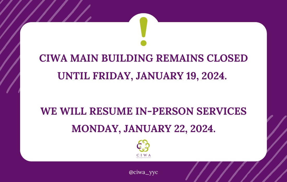 CIWA (@ciwa_yyc) on Twitter photo ❗️Please note❗️CIWA main building remains closed until January 19, 2024. We will resume in person services on Monday, January 22, 2024.
Contact us at 403-263-4414 or reception@ciwa-online.com ❗️Please note❗️CIWA main building remains closed until January 19, 2024. We will resume in person services on Monday, January 22, 2024.
Contact us at 403-263-4414 or reception@ciwa-online.com