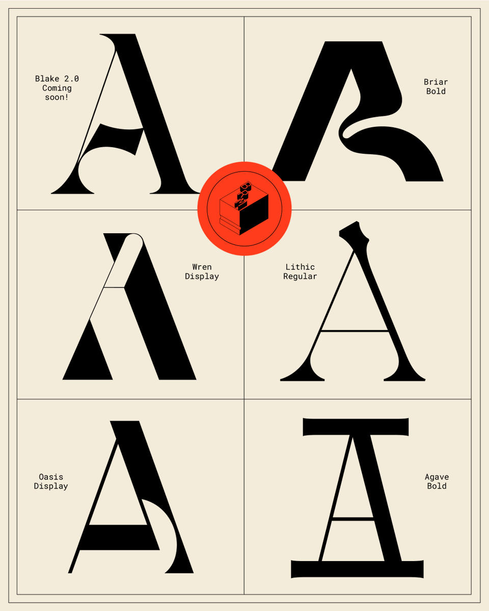 barrettrmdesign's tweet photo. A and B characters from six of my display typefaces! Check them all out here: https://t.co/6YuZeosqWd https://t.co/YoBbJoM6l7