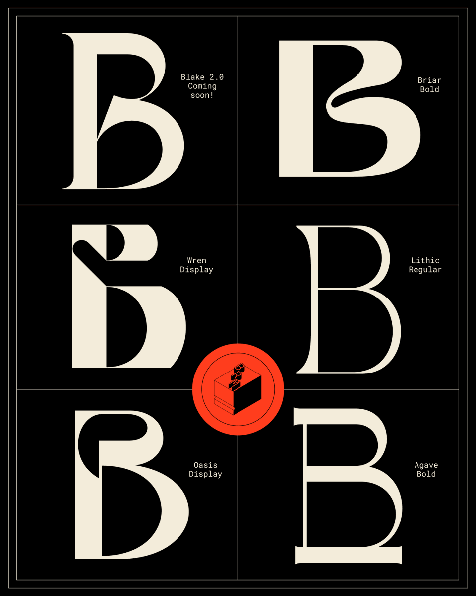 barrettrmdesign's tweet photo. A and B characters from six of my display typefaces! Check them all out here: https://t.co/6YuZeosqWd https://t.co/YoBbJoM6l7