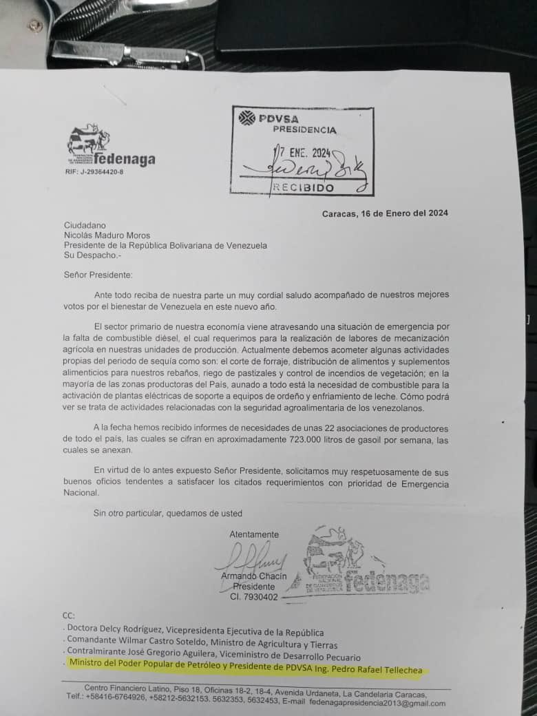 PDVSA recibe comunicación de <a href="/Fedenaga/">FEDENAGA</a> por la necesidad de combustible del sector Pecuario Venezolano.