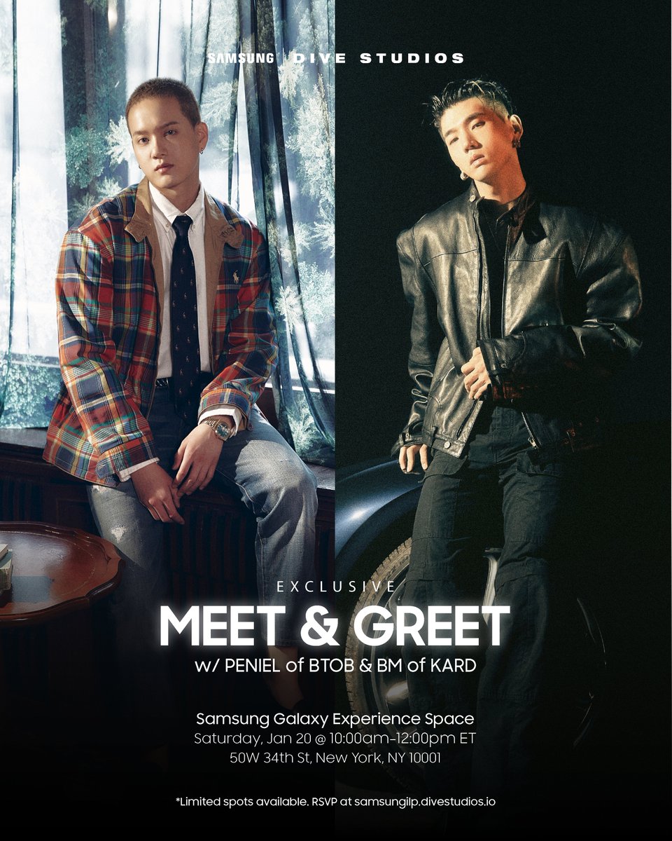 thedivestudios's tweet photo. 🎉📸 Join us for an exciting Meet & Greet with PENIEL of BTOB and BM of KARD this Saturday, January 20th, from 10am - 12pm ET. The event will be at the Samsung #GalaxyExperience Space, 50 West 34th St, New York City.

Meet BM of KARD and PENIEL of BTOB in person for FREE and hang out with the DIVE community. Spaces are limited, RSVP now by visiting our website at https://t.co/usrBZZzav1. You will receive a confirmation email after registering. This event is NOT first-come first-served. Only Eventbrite tickets registered to the individual on the ticket will be accepted.

Get ready for a fun day and make unforgettable memories.

Bring your friends and don't forget to tag your posts with @SamsungMobileUS and @thedivestudios. We can't wait to see them!

#SamsungxDIVE #GalaxyExperience #GalaxyS24 #GalaxyAI #BM #KARD #PENIEL #BtoB #DIVEStudios #Samsung #ad