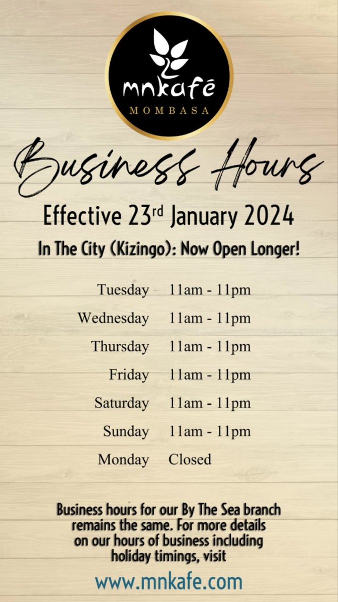 MNKafe's tweet photo. We've extended our In The City hours! Take a look at our opening times.

In addition, our By The Sea branch is now open until 10pm daily, except Mondays. Karibu! https://t.co/BISHrfcZJq
