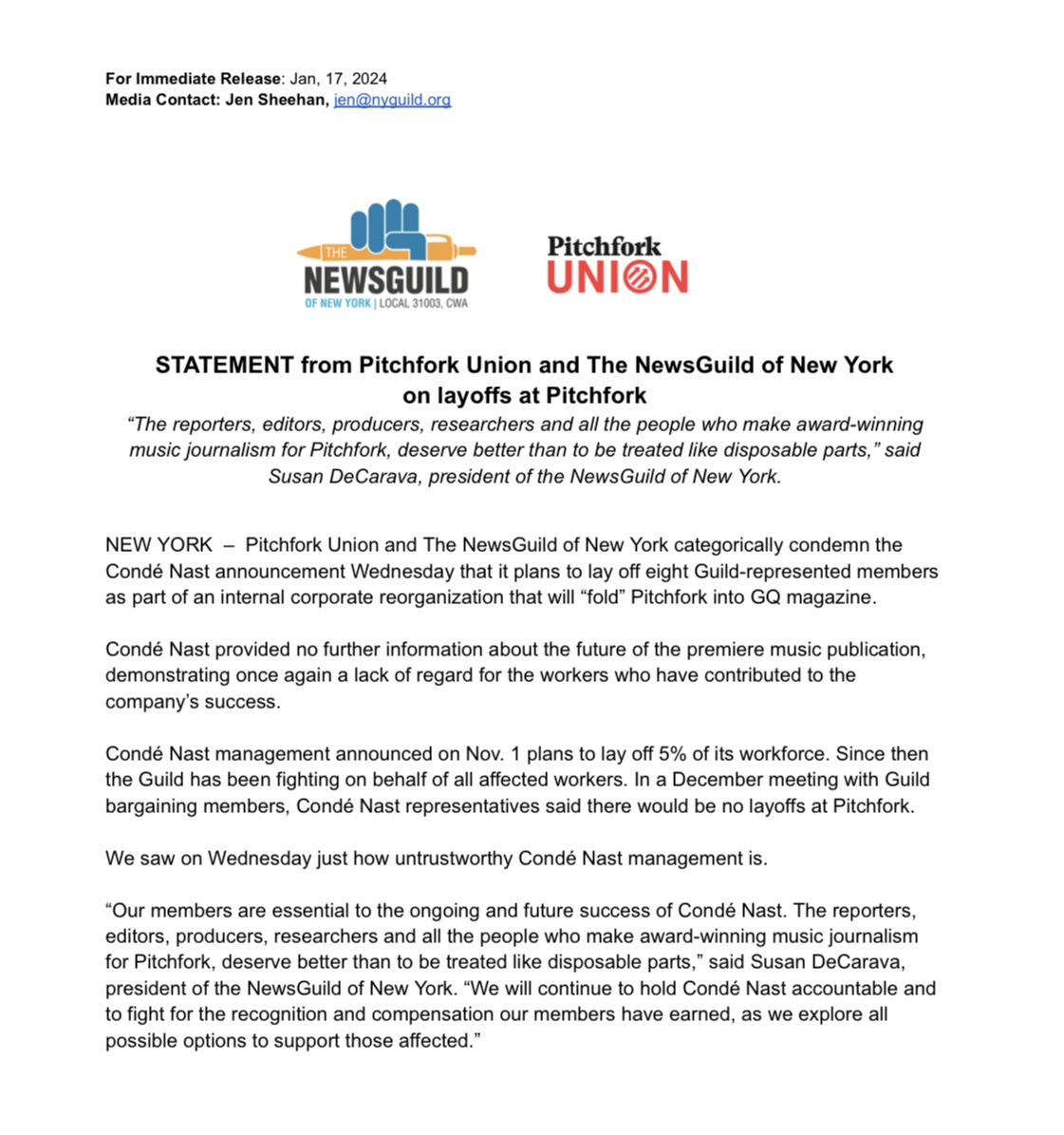 OUR STATEMENT on layoffs at <a href="/pitchfork/">Pitchfork</a>: “The reporters, editors, producers, researchers and all the people who make award-winning music journalism for Pitchfork, deserve better than to be treated like disposable parts,” said <a href="/susandecarava/">Susan DeCarava</a>.