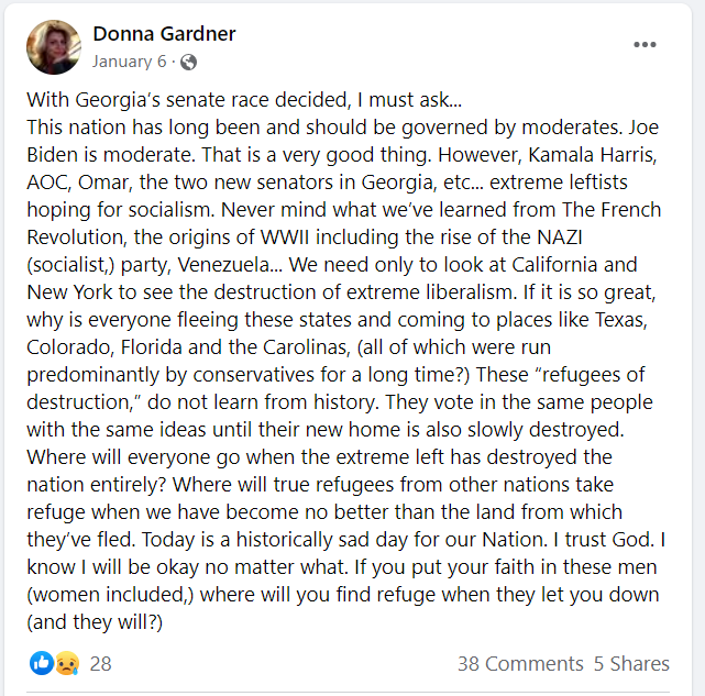 StillYouNotMe's tweet photo. My wife and I were once harassed by a @FlyFrontier airlines flight attendant named Donna Gardner. My child started crying. The airline did nothing about it, and I've never considered flying them again.  This is her facebook post. https://t.co/tdwucCF5ln
