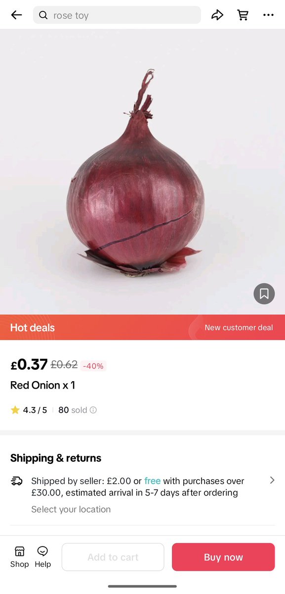 Why would I buy an onion on TikTok? 🤣 It's 37 pence (47 cents) for one.  But it's a £2 delivery fee unless I buy £30 of onions. And then it takes  5-7 days to come