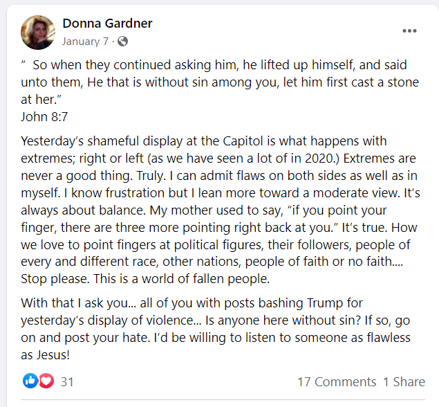 StillYouNotMe's tweet photo. My wife and I were once harassed by a @FlyFrontier airlines flight attendant named Donna Gardner. My child started crying. The airline did nothing about it, and I've never considered flying them again.  This is her facebook post. https://t.co/tdwucCF5ln