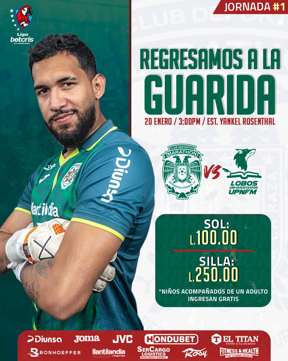 CDMarathon's tweet photo. ¡Regresamos a la Guarida! 🦖💚

Este sábado nos enfrentamos a Lobos UPN por la jornada 1.

¡Juntos Somos Más Fuertes! 🦖

📅 Sábado 20 de Enero
🕖 3:00pm
🏟 Estadio Yankel Rosenthal 
🎟 Sol: L.100.00  // Silla: L.250.00
*Niños entran gratis acompañados de un adulto. https://t.co/hGgmj8LHgZ