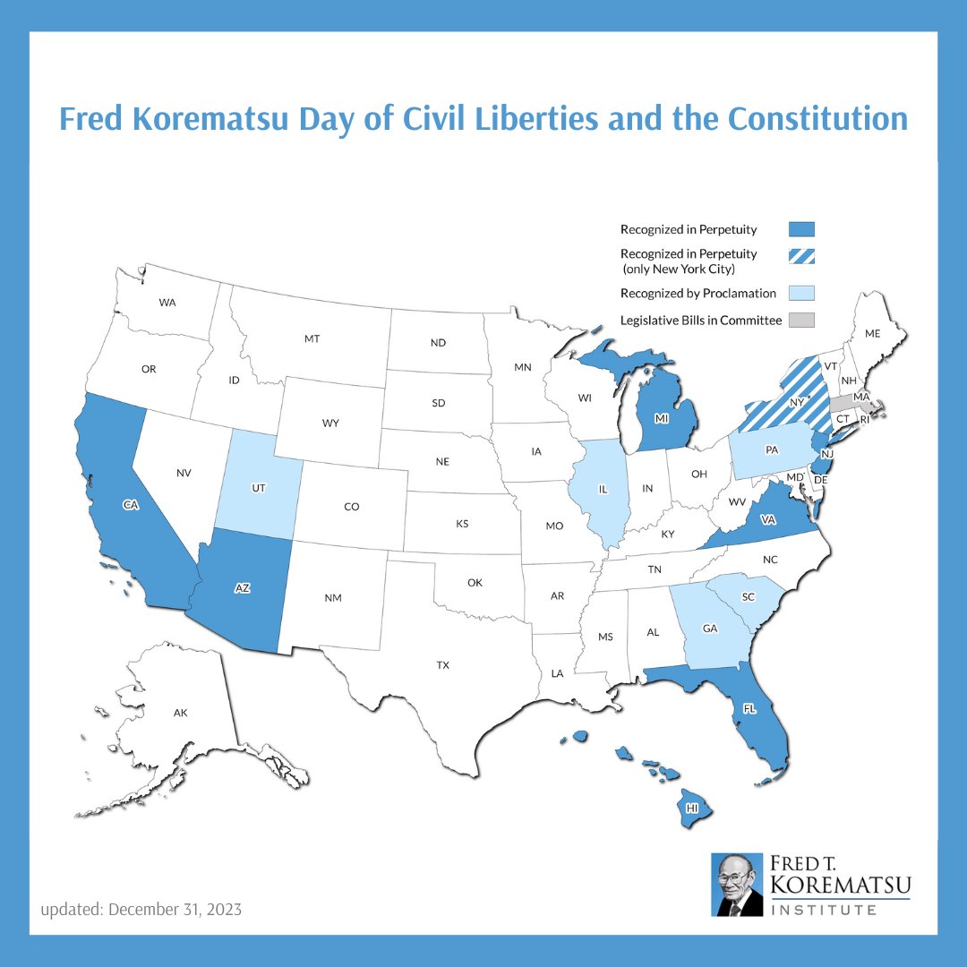KI is leading efforts to recognize Fred Korematsu Day of Civil Liberties & the Constitution on Jan 30 in all states & also to achieve a national day to honor his legacy as a civil rights hero for all Americans. #TeachAAPIhistory Learn more here: korematsuinstitute.org/what-is-fred-k…