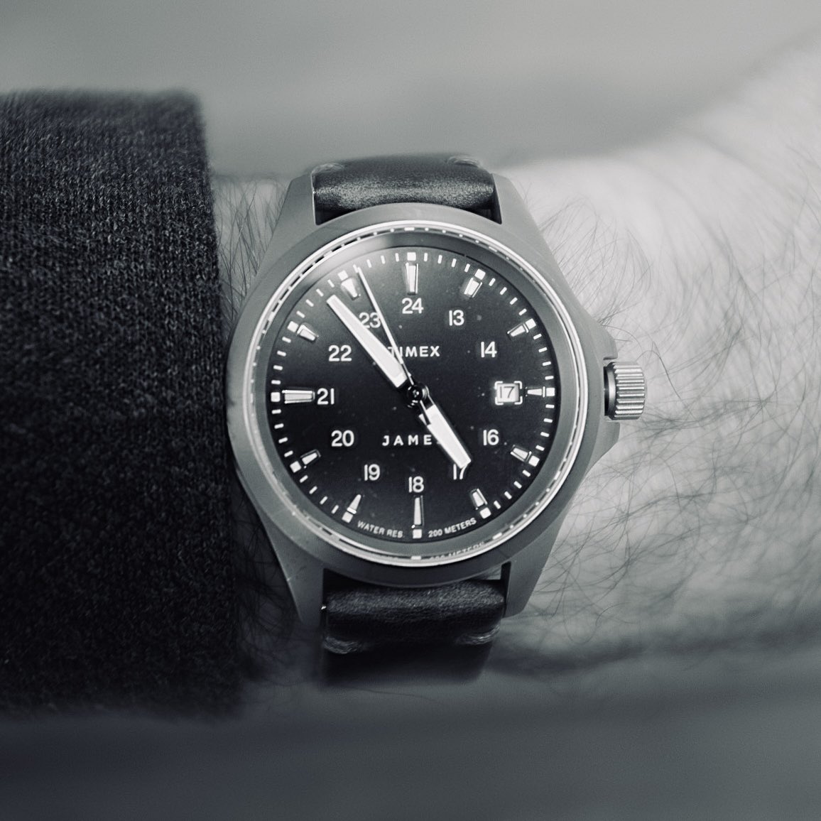 For #watchwednesday I’m wearing @thejamesbrand x @timex Expedition North Titanium 41mm Automatic Watch with Popov Leather strap. Do you prefer the color iPhone photo or the B&W @FujifilmX_US X100T photo?