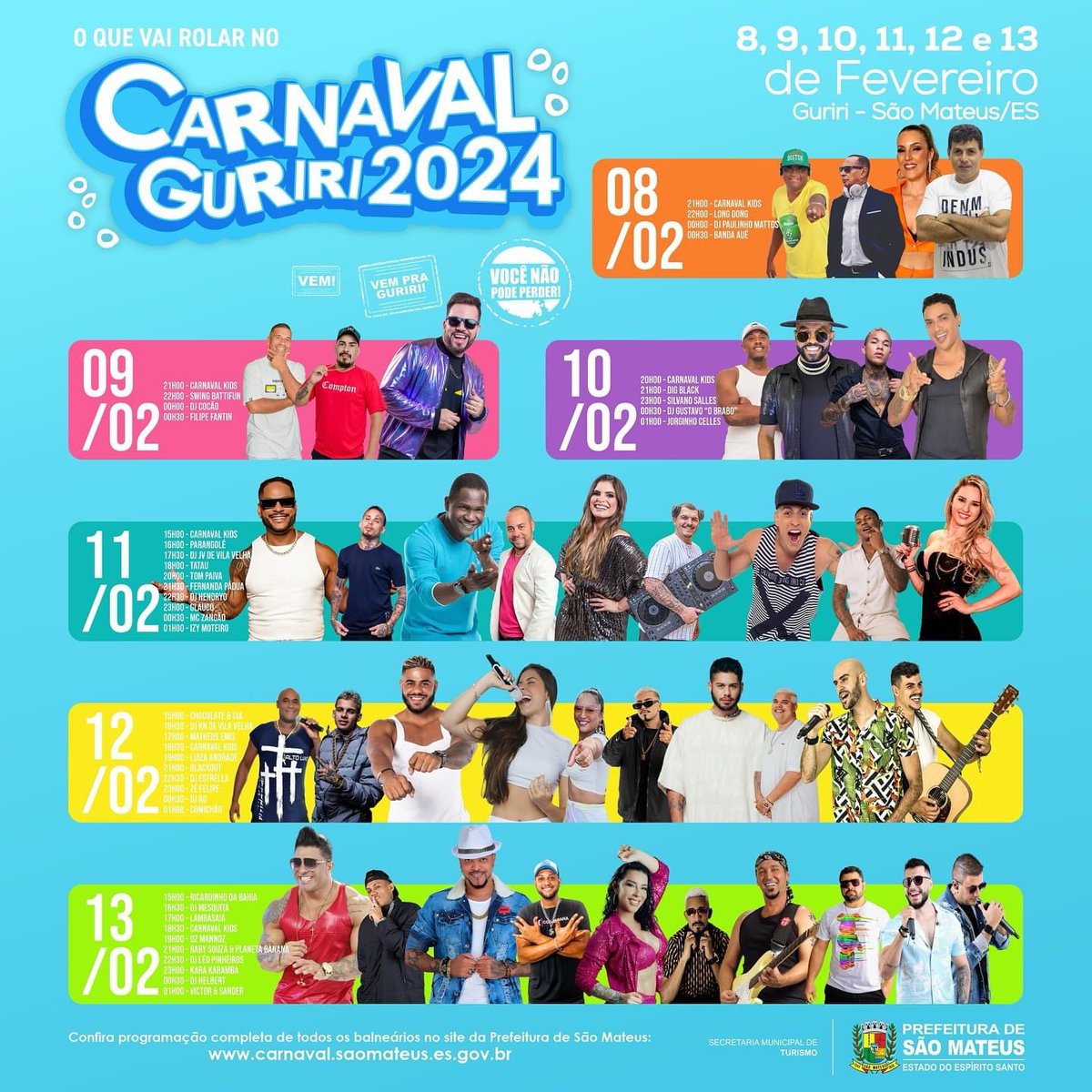 gustavonegris's tweet photo. 🌴 PROGRAMAÇÃO COMPLETA • CARNAVAL É GURIRI INTERNACIONAL

🎭 Serão 06 dias de folia na nossa Ilha com programação pra lá de especial, traga sua família e venha para o melhor carnaval do estado. 

🏝️ Guriri Internacional seu destino é aqui! https://t.co/yrUEGeEJhL