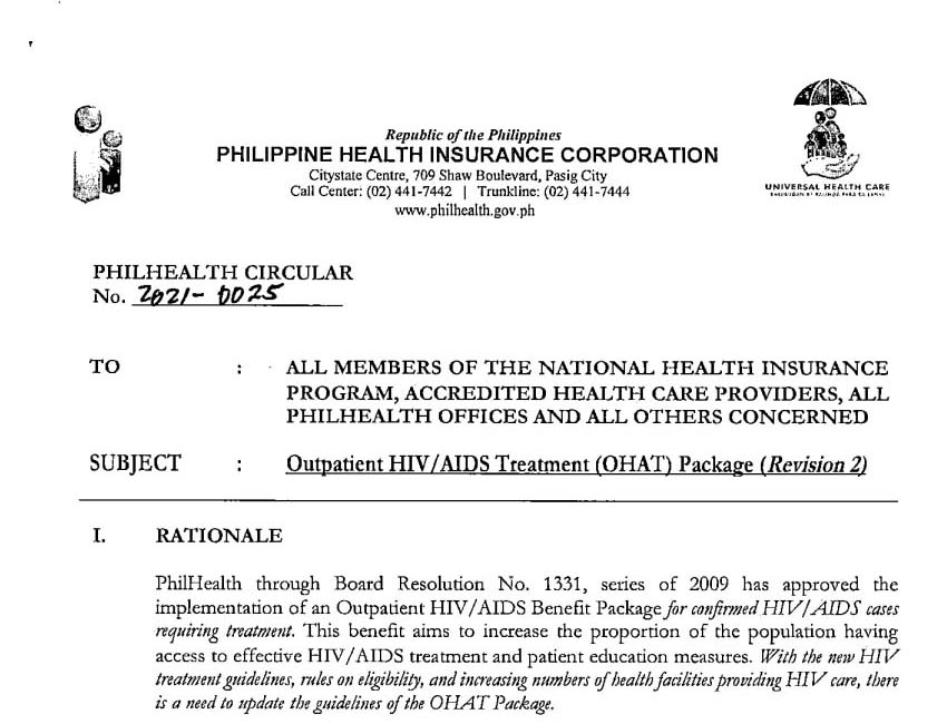MyHub_Cares's tweet photo. Philhealth Circular No. 2021-0025: Outpatient HIV/AIDS Treatment (OHAT) Package (Revision 2)

OHAT Package shall be paid up to seven thousand five hundred pesos (Php 7,500.00) per quarter. Annual reimbursement is set at a  maximum of thirty thousand pesos (Php 30,000.00). https://t.co/DUEVLyY0Ei