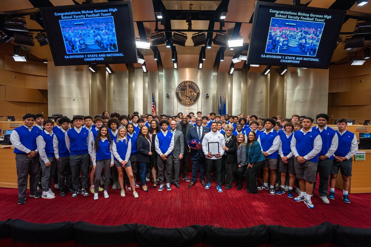 CouncilmanCrear's tweet photo. Honored to recognize @BishopGormanFB team at today's Council meeting. As a proud @BishopGormanHS alumnus, it's a privilege to celebrate their achievement - capturing the State Championship and earning the title of national champions. Congrats Coach Brent Browner and team! 🏈🏆 https://t.co/e2iOMgmX4P