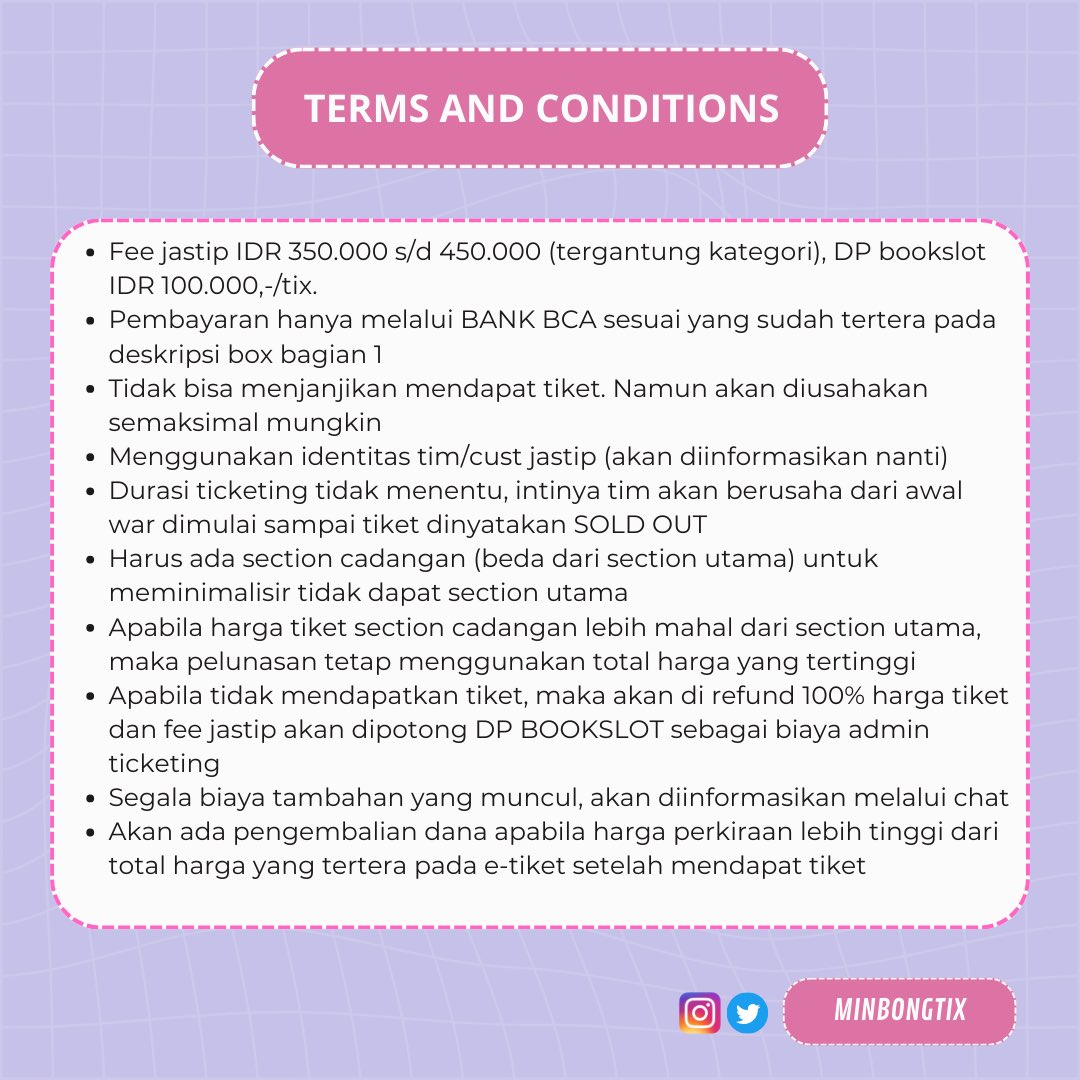 MINBONGTIX's tweet photo. [OPEN JASTIP]
2024 IU H.E.R WORLD TOUR IN JAKARTA

📍 ICE BSD
🗓️ 27-28 Maret 2024

— Fee IDR 350k s/d 450k
— DP 100k
— Mengisi form sesuai hari yg dipilih 
— Akan menerima email konfirmasi
— HARAP BACA T&amp;C
— CANCEL = HANGUS

#IU #아이유 #wtsiu #jastipiu #jastiptiketkonser wts wtb https://t.co/6uBO90MxhR