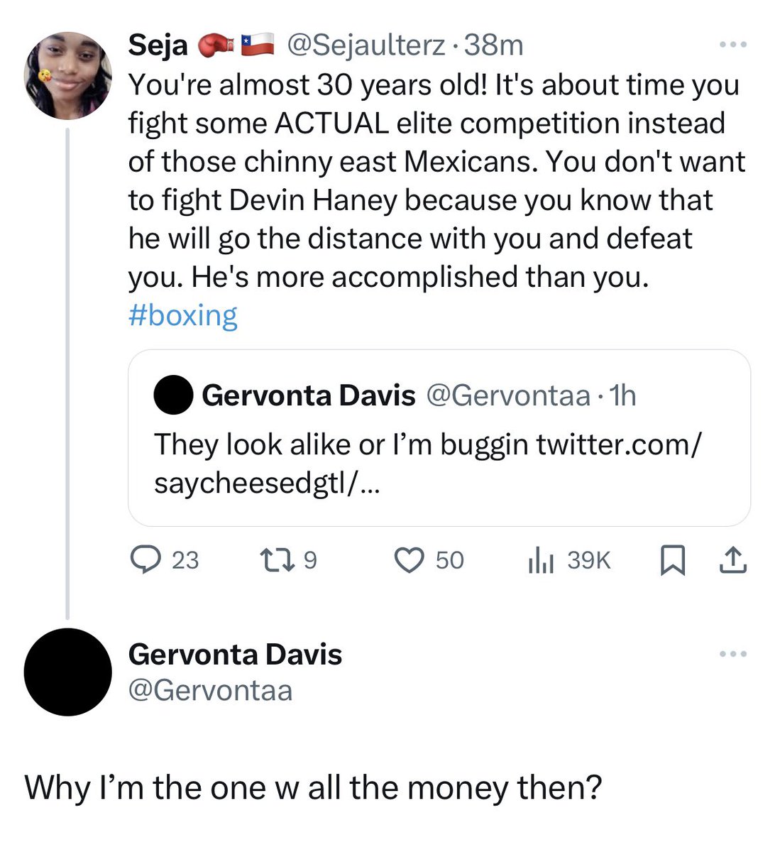 ringmagazine's tweet photo. Gervonta Davis firing back at a tweet about Devin Haney today… https://t.co/Noc4Dm5Zwk