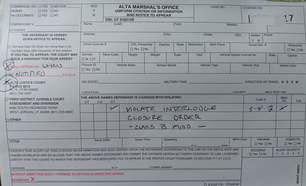 The 8:30 am time for tomorrow is an ESTIMATE. It is NOT A PROMISE. 

Being outside of a building before Alta Central officially lifts Interlodge results in these. ⬇️ They're expensive, will take up your time in court, and it's dangerous. 
PLEASE WAIT FOR NOTIFICATION FROM US