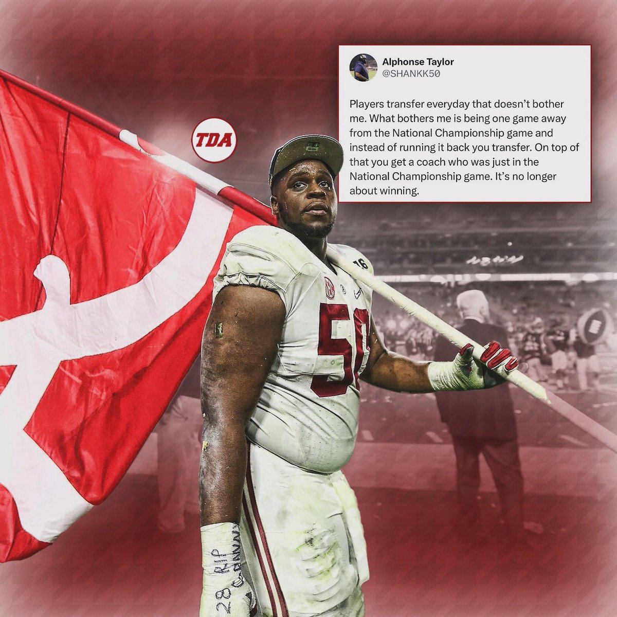 Touchdown Alabama (@tdalabamamag) on Twitter photo Former Alabama OL Alphonse Taylor (<a href="/SHANKK50/">Alphonse Taylor</a>) speaks up about Alabama players jumping into the portal. Former Alabama OL Alphonse Taylor (<a href="/SHANKK50/">Alphonse Taylor</a>) speaks up about Alabama players jumping into the portal.