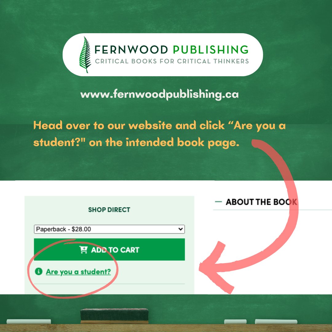 Back to school sale! Using one of our books this semester? Head over to our website and click 'Are you a student?' on the intended book page. Answer a few simple questions and receive a 15% discount code for your purchase on our website. fernwoodpublishing.ca