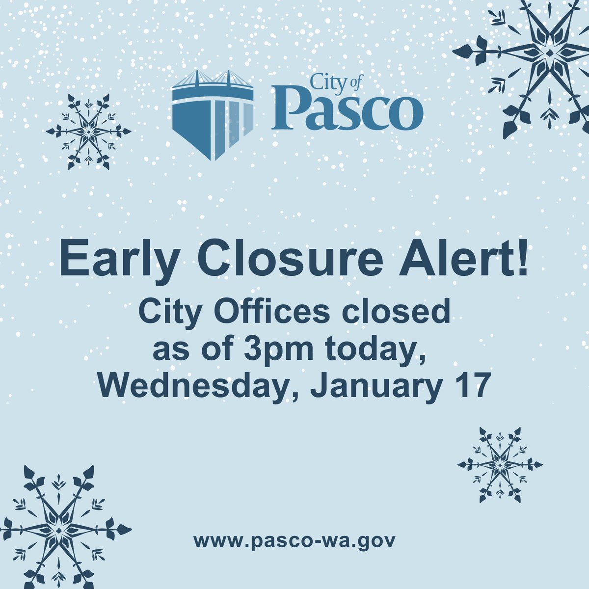 🚨 City Offices closing early at 3pm today due to icy conditions. Public Works on 24-hr snow/ice removal. Stay safe &amp; informed. Updates on closures for Thu/Fri on City's website &amp; socials. ❄️🕒