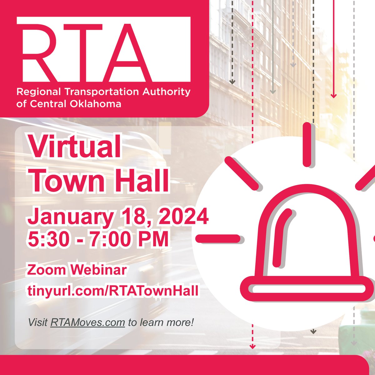 Learn more about the West and Airport Corridors at our Virtual Town Hall TONIGHT!

When: January 18 | 5:30 - 7:00 PM
Where: Zoom Webinar: tinyurl.com/RTATownHall

For more information and to submit a question, visit RTAMoves.com.