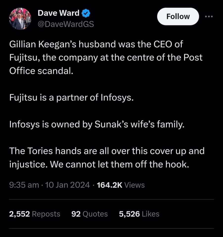 Angry about the #PostOfficeScandal ?

Yeah, about that...

Our own PM is up to his neck, yet pretending to care.

Obviously, all he wants is votes.

Meanwhile his own family are knee deep!

#FujitsuPostOfficeScandal #Infosys #Fujitsu 
#ToryCorruption #ToryCronyism #ToriesOut