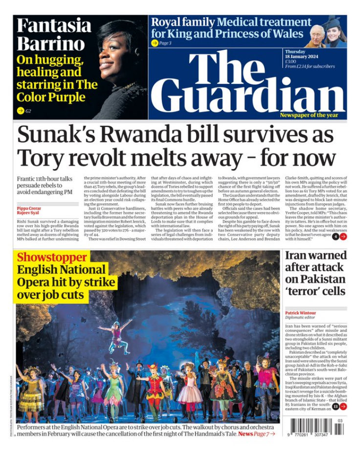 Thursday’s ⁦@guardian⁩ front page: Sunak’s Rwanda bill survives as Tory revolt melts away - for now theguardian.com/uk-news/2024/j…