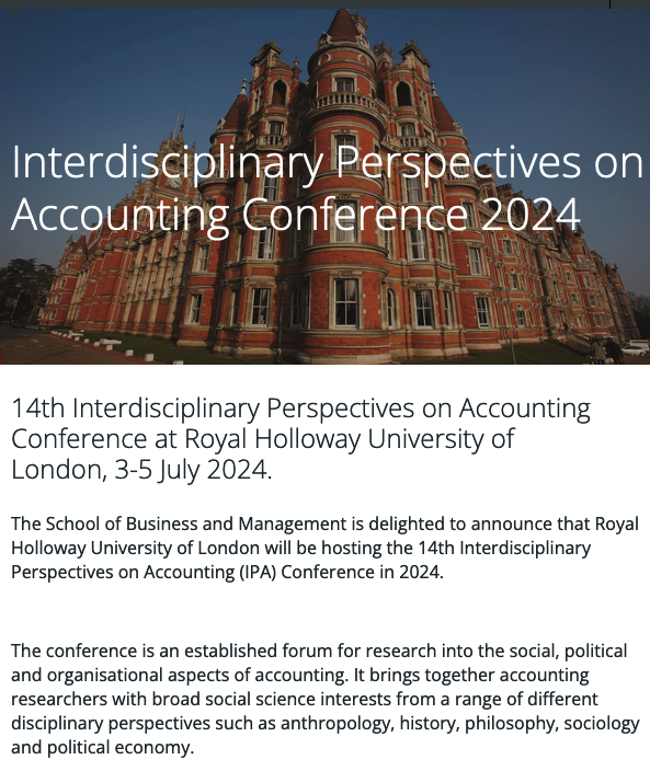 📢#AccForum is a proud sponsor of the 14th Interdisciplinary Perspectives on #Accounting (IPA) #Conference, @RoyalHolloway Uni London, 3-5 July 2024. Hurry🏃‍♀️🏃🏼‍♂️🏃🏿‍♀️paper submission deadline January 31! @suebol @CHRONOS_RHUL @RHUL_CRIS @dosrhul @RHULManagement royalholloway.ac.uk/research-and-t…