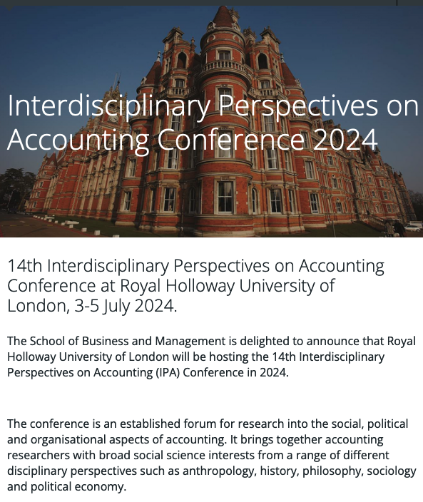 TandF_AccForum's tweet photo. 📢#AccForum is a proud sponsor of the 14th Interdisciplinary Perspectives on #Accounting (IPA) #Conference, @RoyalHolloway Uni London, 3-5 July 2024. Hurry🏃‍♀️🏃🏼‍♂️🏃🏿‍♀️paper submission deadline January 31!
@suebol @CHRONOS_RHUL @RHUL_CRIS @dosrhul @RHULManagement
https://t.co/dwPqDA7vnW https://t.co/WsY25sZtFK