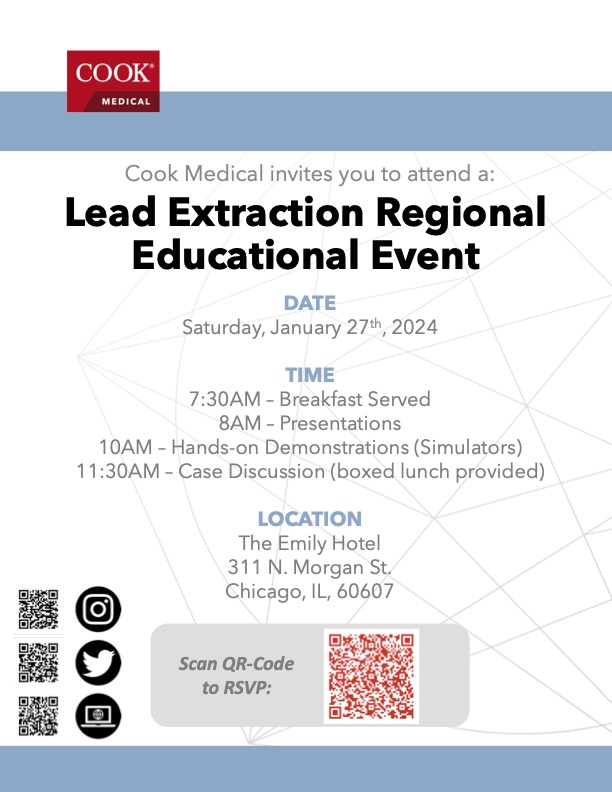 Interested in CIED lead management and lead extraction? Come to the Chicagoland Regional Lead Extraction Education Event with expert local EP faculty and @rdschaller from Penn. @MoeenSaleem (MCI), A. Green (LUMC), T. Larsen (Rush), @ABeaser (UCH) All Chicago EP fellows welcome!