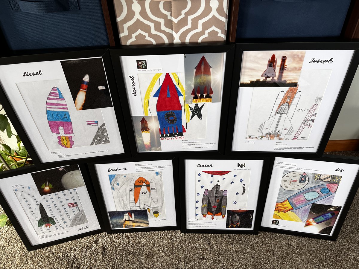 Seven frames with drawings and renders from #kidsdrawrockets23 are all ready to present to students tomorrow. They'll be excited! It's my hope that these will be treasured as much as former students have treasured theirs. Thank you, 3-D artists, for inspiring my students!