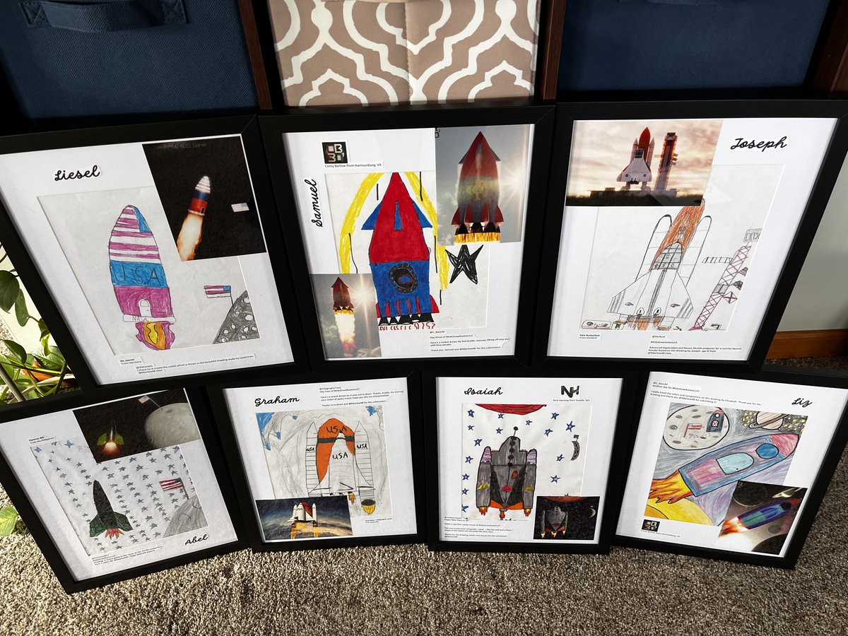 Seven frames with drawings and renders from #kidsdrawrockets23 are all ready to present to students tomorrow.  They'll be excited! It's my hope that these will be treasured as much as former students have treasured theirs. Thank you, 3-D artists, for inspiring my students!
