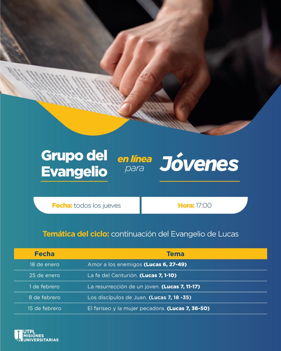 utplmisiones's tweet photo. 🌟 ¡Descubre la inspiración que Cristo tiene para ti! 📖✨

Únete a nuestro nuevo ciclo de sesiones virtuales del Grupo del Evangelio.

Sé parte de este encuentro espiritual que nos conecta y fortalece. 💙🙏

🔗 Inscríbete aquí: https://t.co/JDwHmfmwr3 https://t.co/L4vhTdwJGC