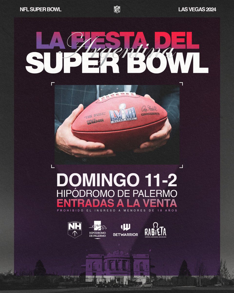 nflnohuddle's tweet photo. SUPER BOWL LVIII WATCH PARTY 📺🍺🍔🏈

El domingo 11 de febrero vas a poder vivir el evento más grande de la #NFL en un espacio exclusivo: el BetWarrior Sport Bar, ubicado en el Hipódromo de Palermo (Av. Del Libertador 4101, CABA).

Con tu entrada, vas a poder adquirir las siguientes variantes gastronómicas 🎟️⬇️

-Menú 1: Pulled Pork con batatas fritas  + 1 cerveza tirada Rabieta o gaseosa
-Menú 2: Hamburguesa Americana acompañada de papas fritas+ 1 cerveza tirada rabieta o gaseosa
-Menú 3: Hamburguesa de calabaza acompañada de papas fritas + 1 cerveza tirada o gaseosa

Escribinos al MD para conseguir tus entradas y no te pierdas el evento de #NFL más grande de Argentina. 📥🔥

Invitan @nflnohuddle @BetWarrior_Arg @HipodromoArgPal y Cerveza Rabieta

*Prohibida la entrada a menores de 18 años 🔞