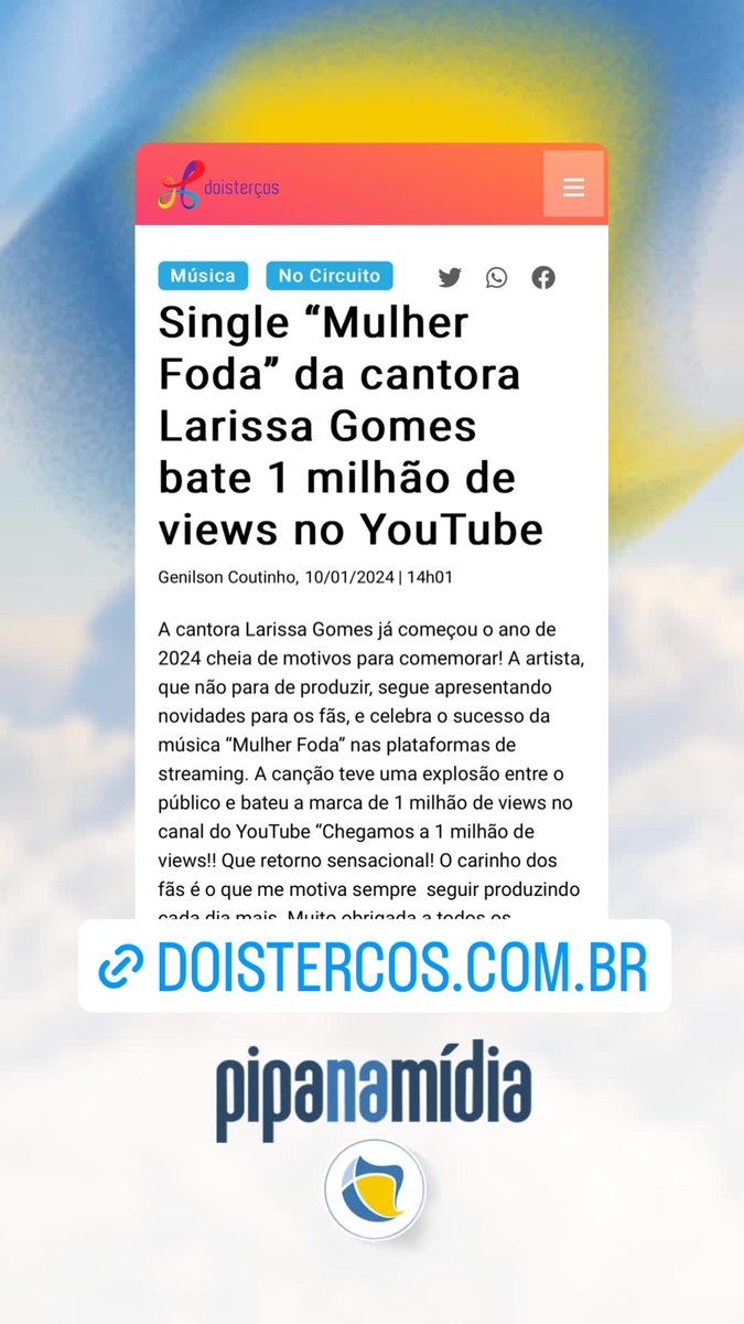pipacomunicacao's tweet photo. Single “Mulher Foda” da cantora Larissa Gomes bate 1 milhão de views no YouTube
#clipping
#pipanamidia
#larissagomes
#1mi
#stream
#youtube
#clipe
#assessoriadeimprensa
#pipacomunicação
#pipaemação
Leia: https://t.co/dTBggb0uvG
@doistercos @genilsoncoutinh https://t.co/h2PRU26DUq