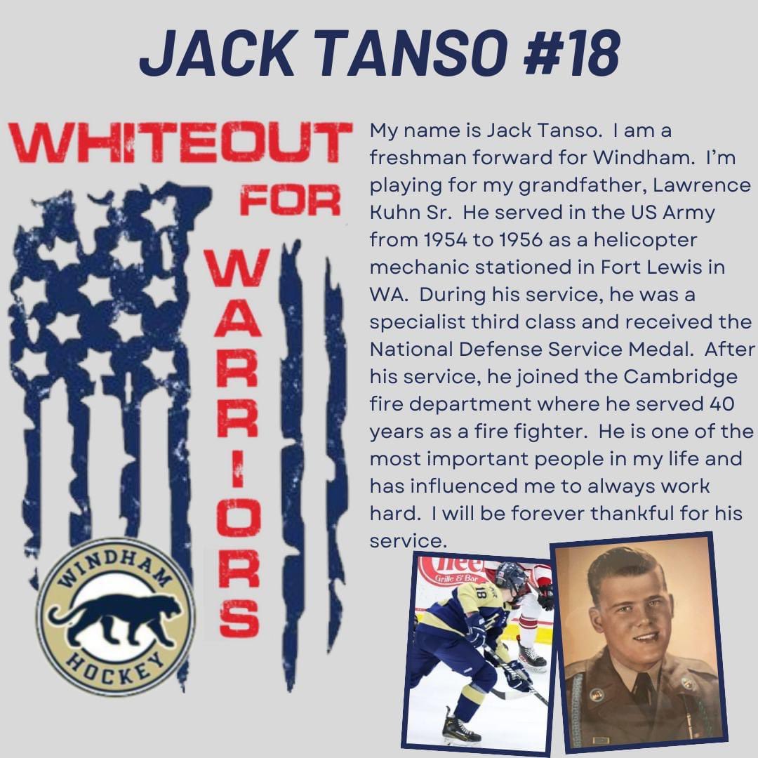 The Whiteout for Warriors game is January 20. All Londonderry and Windham players will wear a customized jersey honoring a veteran of their choice. Today we have Windham freshman Jack Tanso. #highschoolhockey #military #militaryappreciation