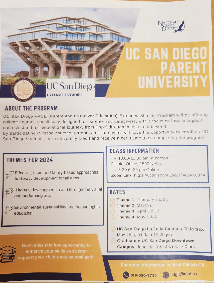 DalilahGil's tweet photo. Excited to see many parents at our UCSD Parent University orientation meeting today! This free program offers college courses with a focus on how to support each child throughout their educational journey.
Classes begin on February 7. We hope you can join us!
#nsdnow https://t.co/QURHKDHa3K
