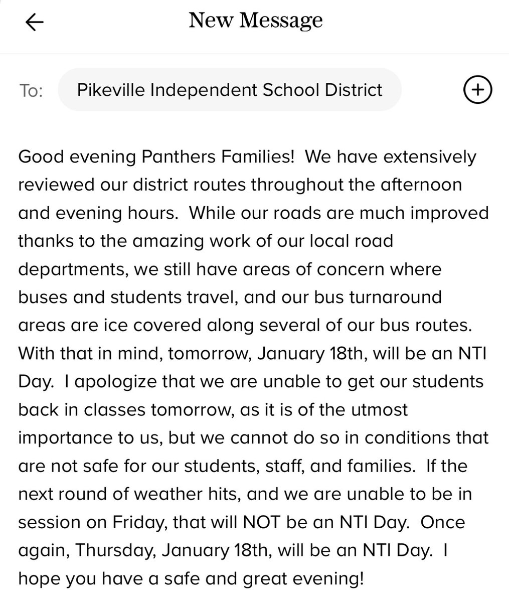 David Trimble (@dave_trimble19) on Twitter photo Good evening Panthers Families! Please see the message below. Tomorrow, January 18th, will be an NTI Day for <a href="/PikevilleInd/">Pikeville Schools</a>. We hope you have a safe and blessed evening! Good evening Panthers Families! Please see the message below. Tomorrow, January 18th, will be an NTI Day for <a href="/PikevilleInd/">Pikeville Schools</a>. We hope you have a safe and blessed evening!