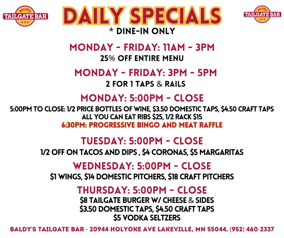 BaldysTailgate's tweet photo. Did you know that we have the BEST SPECIAL IN TOWN??? 25% off whole menu for lunch. And 2 for 1s on the whole bar from 3-5pm you call it! Oh and GREAT NIGHTLY SPECIALS https://t.co/VyUJVU78wN