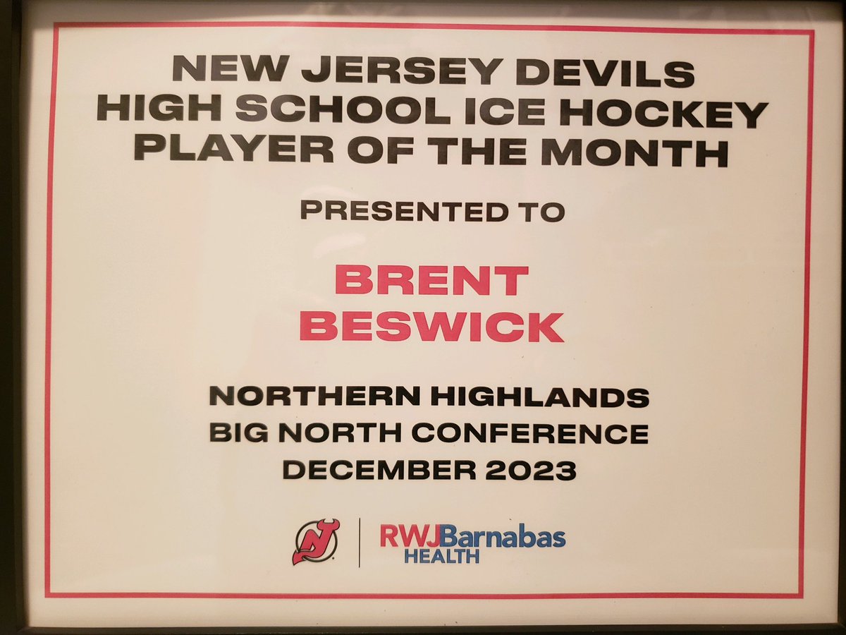 NHRHSHockey's tweet photo. Congratulations to @beswick14 on being named the @njdevils Player of the Month for December! #njhockey #bignorth #34points https://t.co/eG4tHCW7c9