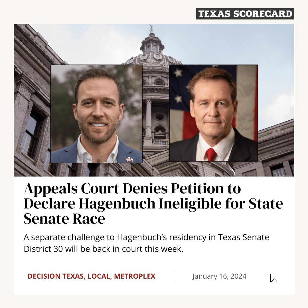 TexasScorecard's tweet photo. An appellate court shot down 1 legal challenge to Rep. primary candidate Brent Hagenbuch’s eligibility 2 run for an open TX Senate seat, but a separate challenge to Hagenbuch’s residency in SD 30 will be back before a state court later this week.
📲Story: 
https://t.co/rmikuetZQt https://t.co/apzkrrX2qJ