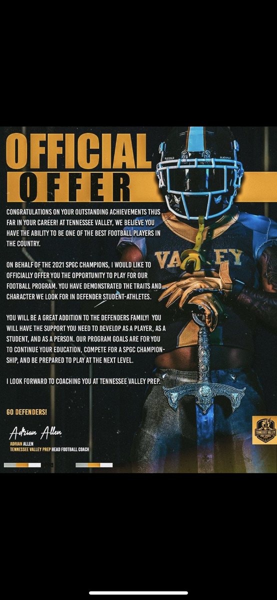 I am blessed to receive an offer from Tennessee Valley 🙏🏾@tnvpsa @DeshlerFootball @PatrickMalone_ @CoachWoods