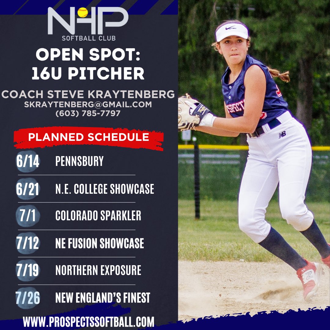 NH Prospects Softball Uncommitted (@nhpsoftball) on Twitter photo NH Prospects 16U Kraytenberg is looking for a pitcher to round out their 2024 roster! Reach out to Steve Kraytenberg at skraytenberg@gmail.com for more info NH Prospects 16U Kraytenberg is looking for a pitcher to round out their 2024 roster! Reach out to Steve Kraytenberg at skraytenberg@gmail.com for more info