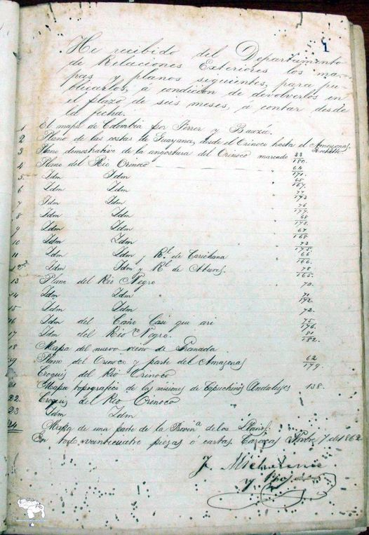 Recibo de los mapas y planos entregados por el Departamento de Relaciones Exteriores al señor F. Michelena y Rojas para ser publicados (1862). Forma parte de los expedientes reunidos por el Dr. Julián Viso sobre la defensa de Venezuela por el Esequibo. #MiMapa #17Ene