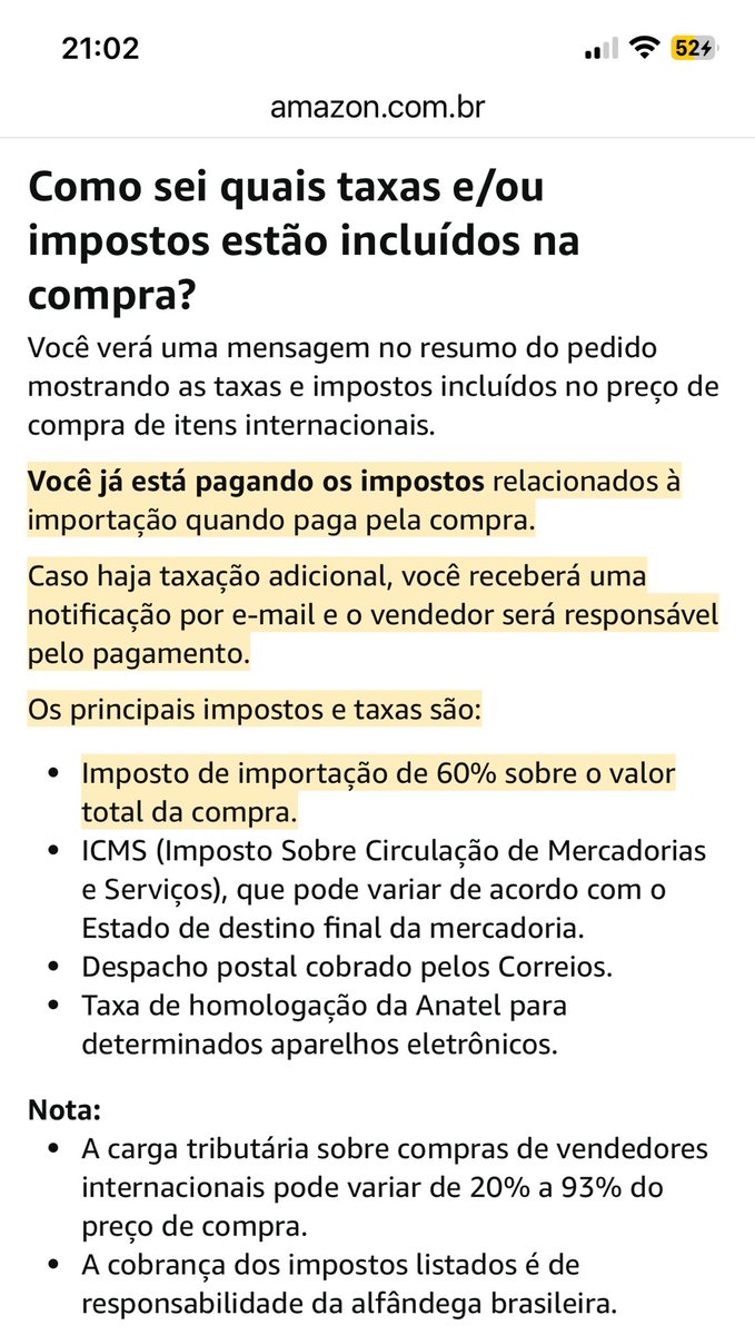 mcutin's tweet photo. ⁦@amazonbrasil⁩ acabei de pagar o imposto referente a uma compra internacional que fiz no seu site brasileiro. Mesmo com a politica exibida na imagem, o vendedor ainda teve o DESCARAMENTO de mandar uma mensagem pra mim solicitando que eu pagasse o imposto. 🤡 https://t.co/kpEcprzlyT