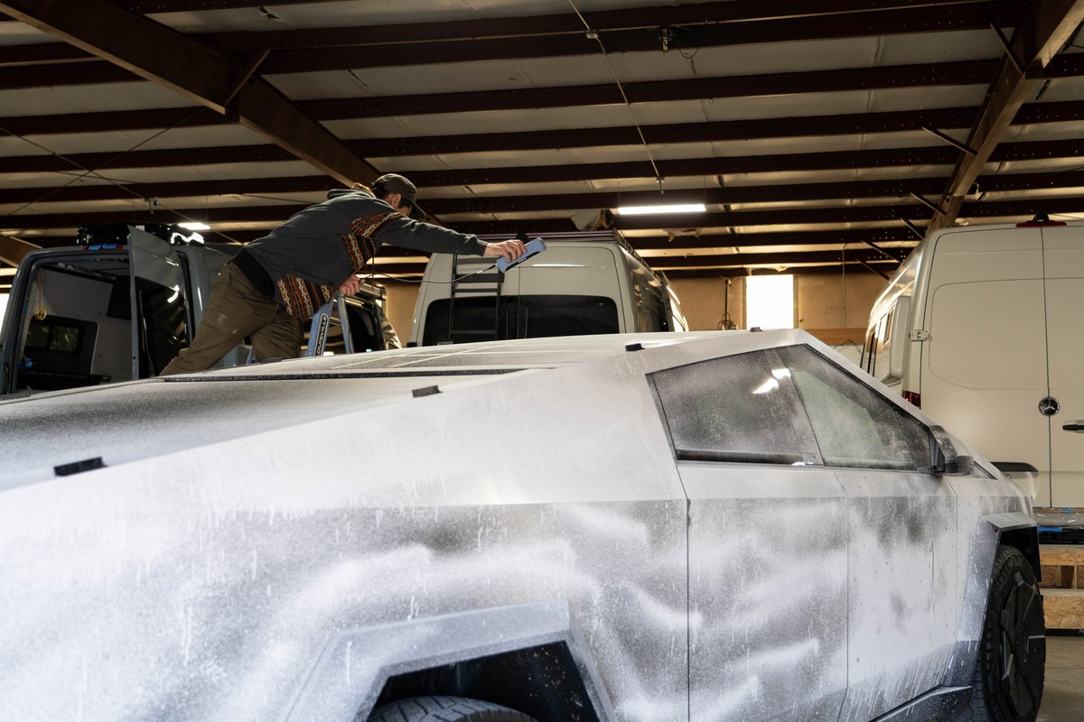 Huge thanks to our new friends Cole &amp; Mamie for letting us cover their new Foundation Series #Cybertruck in baby powder. 🙏